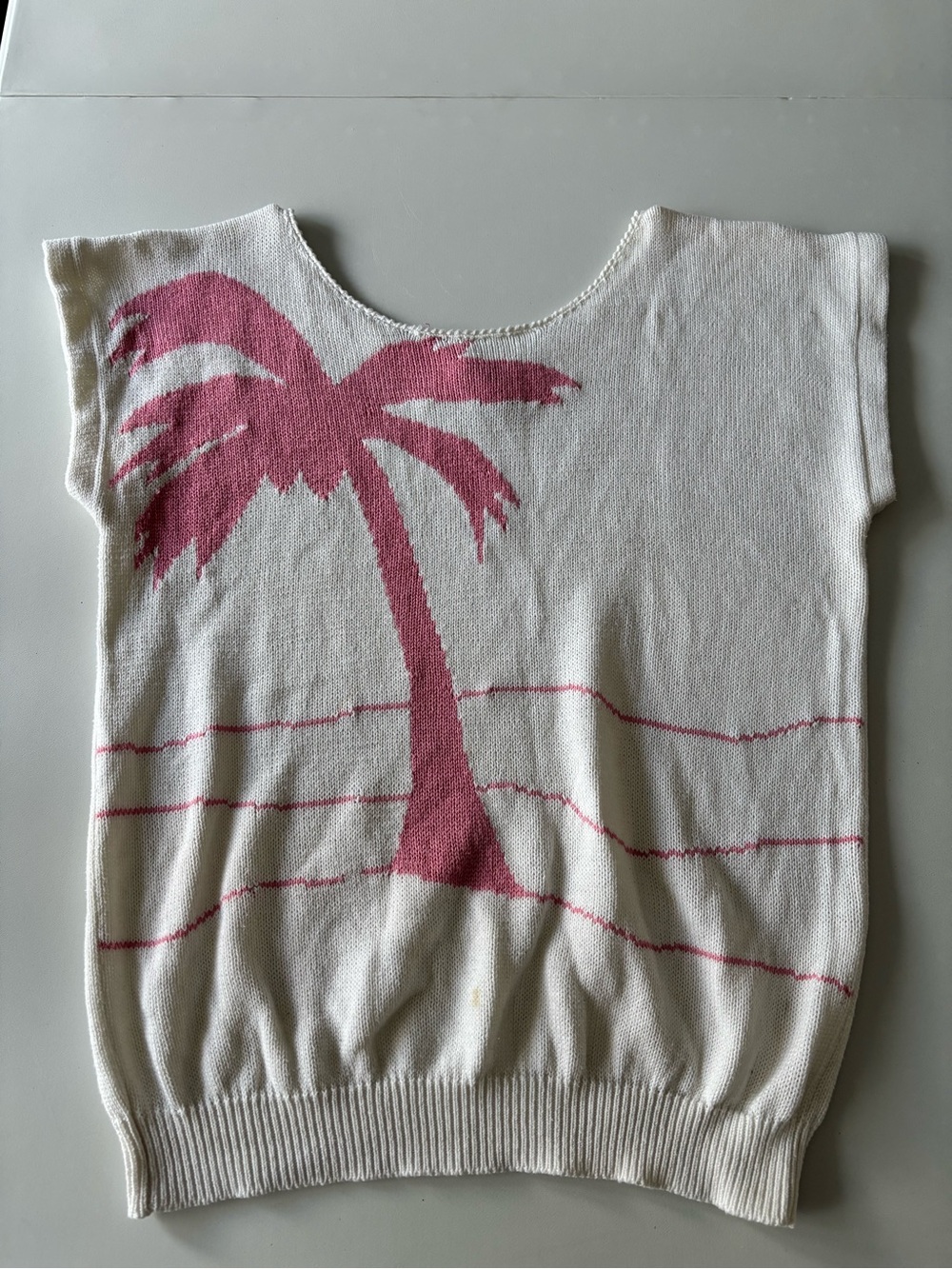 Vintage Women’s Cream Knit Palm-Print Top with Pink Accent